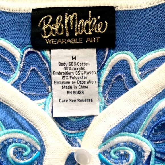 VTG Designer Bob Mackie Floral Embroidery Cutout Cardigan Sweater M Blue #48B - Picture 9 of 10